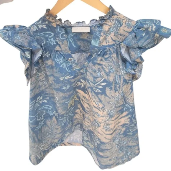 Ulla Johnson Lei Floral Ruffle Sleeve Blue Top - 00 - Picture 3 of 3